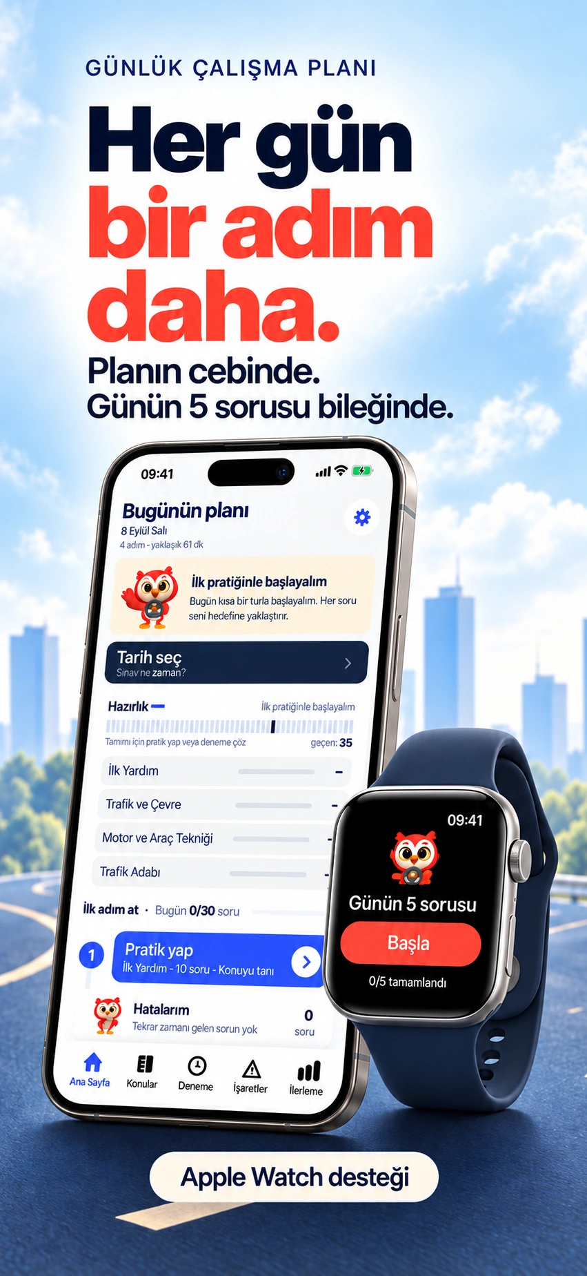 Mağaza tanıtım görseli: iPhone’da günlük çalışma planı ve Apple Watch’ta günün 5 sorusu
