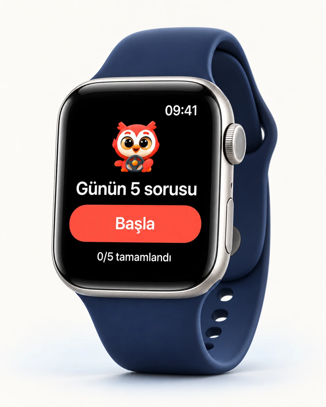Apple Watch tanıtım görseli: Günün 5 sorusu, Başla düğmesi ve günlük ilerleme
